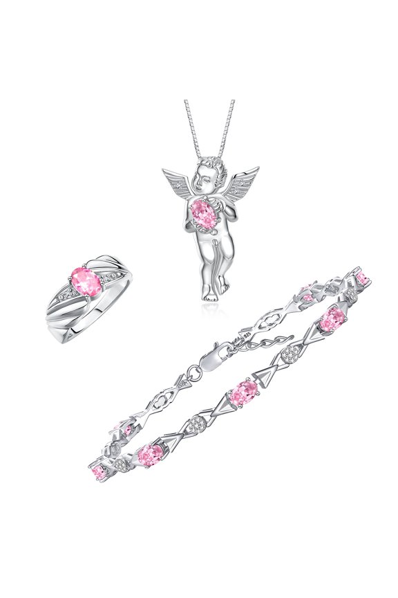 Matching jewelry Sterling Silver Guardian Angel Set: Necklace, Tennis Bracelet, & Ring. Gemstone & Diamonds, 7"-8" Wrist & 18" Chain. Pink Ice October Birthstone; Size 6