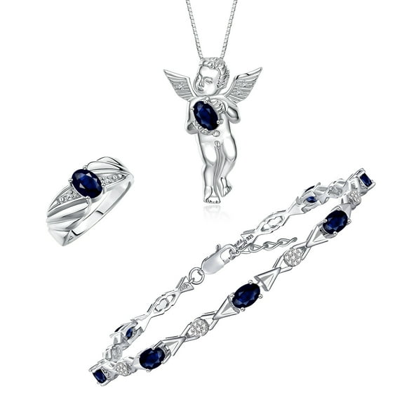 RYLOS Matching jewelry Sterling Silver Guardian Angel Set: Necklace, Tennis Bracelet, & Ring. Gemstone & Diamonds, 7"-8" Wrist & 18" Chain. Sapphire September Birthstone; Size 7