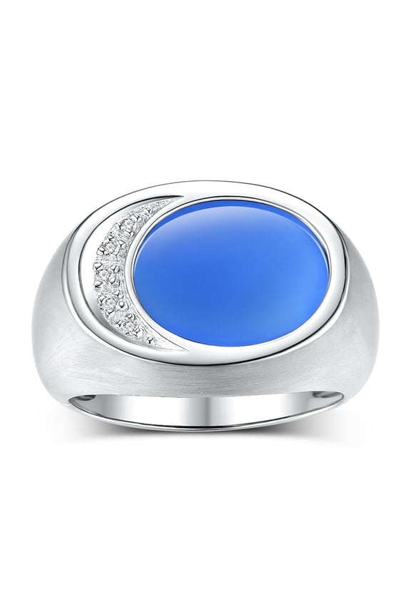 Men's Designer Ring in Sterling Silver 925: Features Diamonds around Blue Quartz - Available Size 8