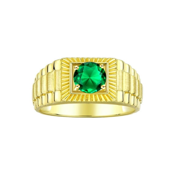 RYLOS Men's Ring 14K Yellow Gold Ring, 7MM Round Shape Gemstone Designer Style Ring Fun & Fabulous Emerald May Birthstone Rings Gold Size 10