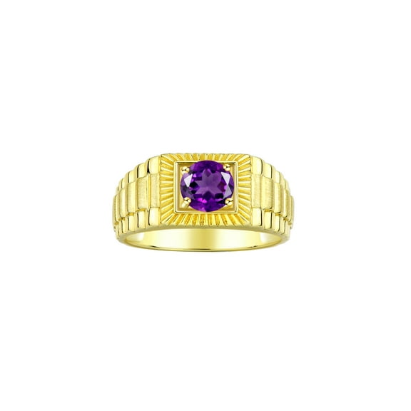 RYLOS Men's Ring 14K Yellow Gold Ring, 7MM Round Shape Gemstone Designer Style Rings Amethyst February Birthstone Rings Gold Size 8