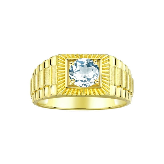 RYLOS Men's Ring 14K Yellow Gold Ring, 7MM Round Shape Gemstone Designer Style Rings Aquamarine March Birthstone Rings Gold Size 9