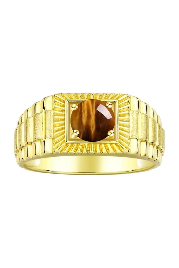 Men's Ring 14K Yellow Gold Ring, 7MM Round Shape Gemstone Designer Style Rings Tiger Eye November Birthstone Rings Gold Size 9