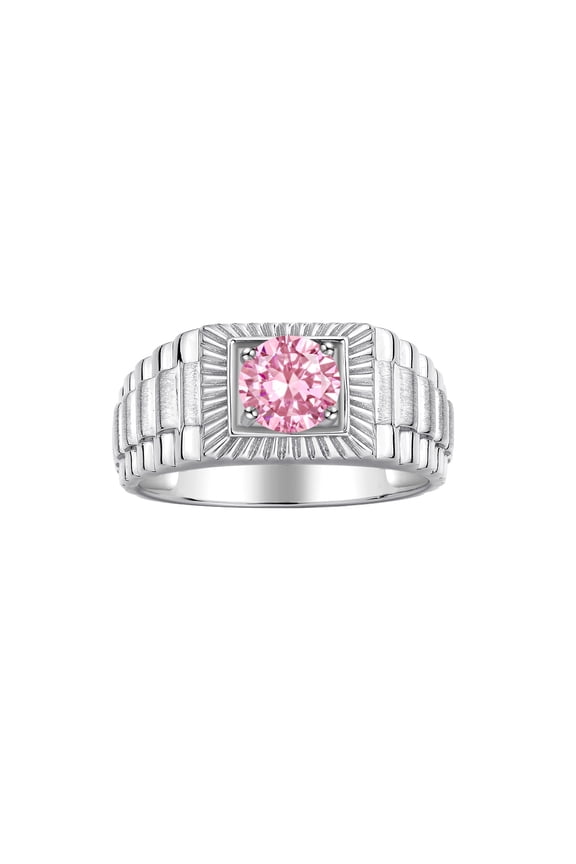 Men's Ring Sterling Silver Ring, 7MM Round Shape Gemstone Designer Style Rings Pink Ice October Birthstone Rings Silver Size 10