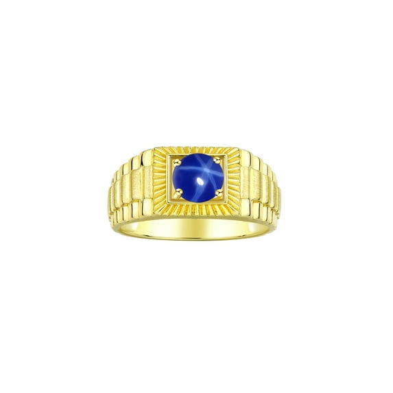 RYLOS Men's Ring Yellow Gold Plated Silver Ring, 7MM Round Gemstone Designer Style Rings Blue Star Sapphire September Birthstone Rings Silver Size 10