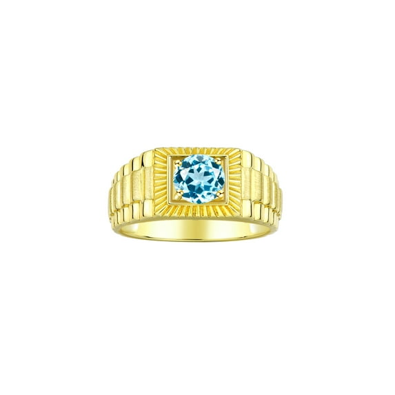 RYLOS Men's Ring Yellow Gold Plated Silver Ring, 7MM Round Shape Gemstone Designer Style Rings Blue Topaz December Birthstone Rings Silver Size 12