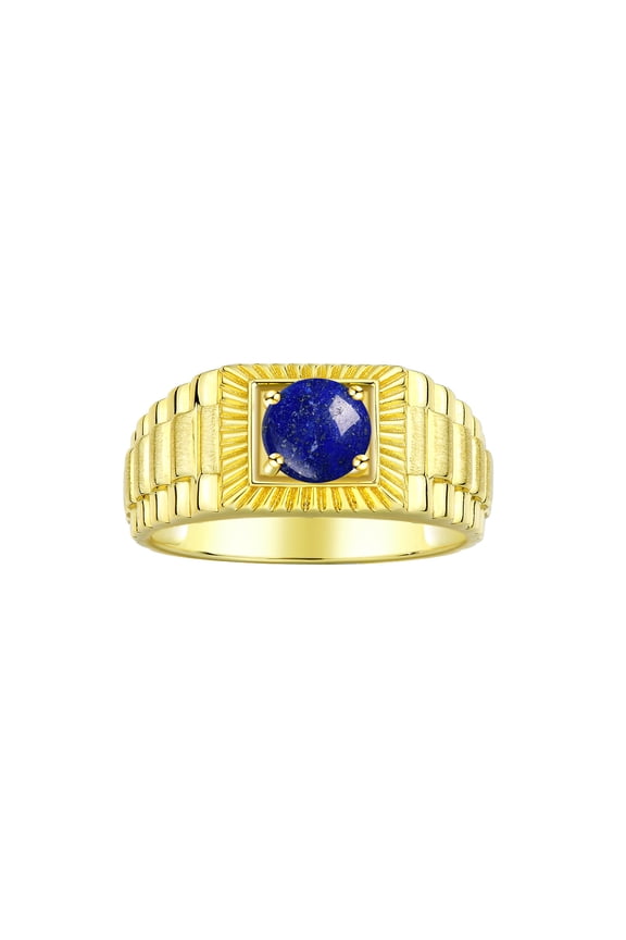 Men's Ring Yellow Gold Plated Silver Ring, 7MM Round Shape Gemstone Designer Style Rings Lapis September Birthstone Rings Silver Size 9