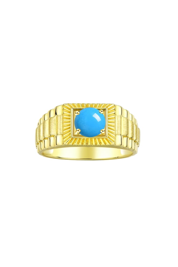 Men's Ring Yellow Gold Plated Silver Ring, 7MM Round Shape Gemstone Designer Style Rings Turquoise December Birthstone Rings Silver Size 12