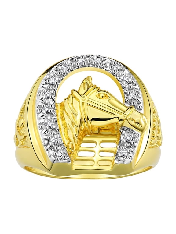 Men's Ring, Yellow Gold Plated Silver designer Lucky Horseshoe with Diamonds, available in sizes 6-13.