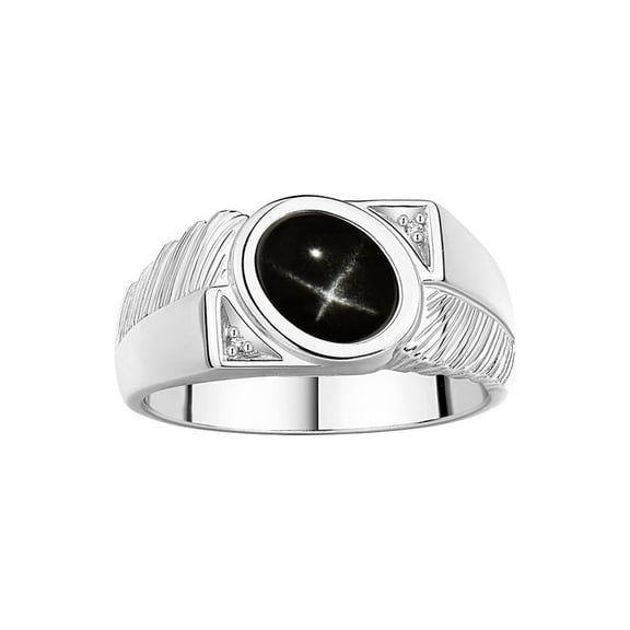 RYLOS Men's Rings 14K White Gold Cabochone Gemstone & Diamond Designer Black Star Sapphire Rings For Men Size 8
