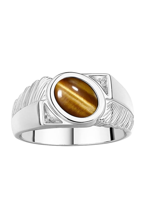 Men's Rings 14K White Gold Cabochone Gemstone & Diamond Designer Tiger Eye Rings For Men Size 12