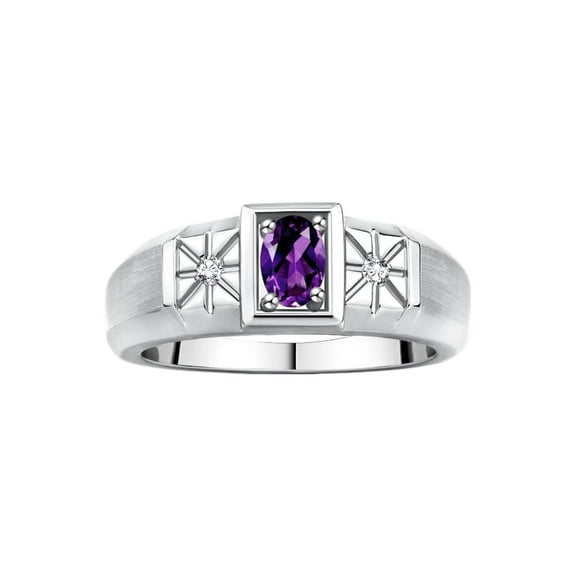 RYLOS Men's Rings 14K White Gold Classic 6X4MM Oval Gemstone & Diamond Ring Amethyst February Birthstone Rings For Men, Gold Rings Size 8