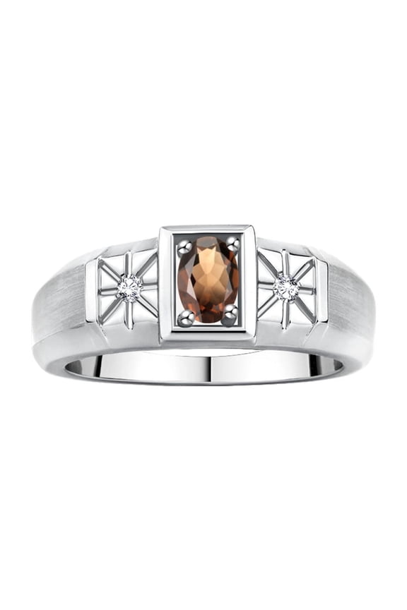 Men's Rings 14K White Gold Classic 6X4MM Oval Gemstone & Diamond Ring Smoky Quartz June Birthstone Rings For Men, Gold Rings Size 8