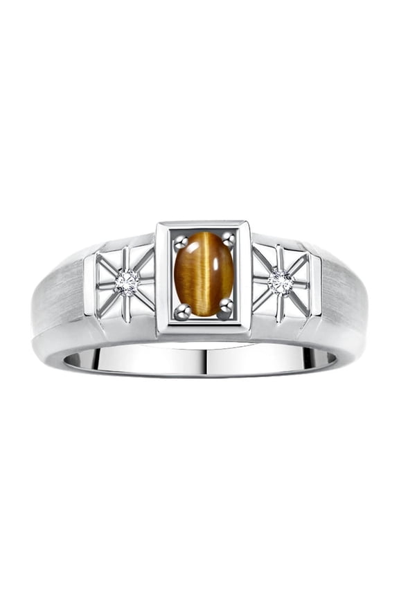 Men's Rings 14K White Gold Classic 6X4MM Oval Gemstone & Diamond Ring Tiger Eye November Birthstone Rings For Men, Gold Rings Size 12