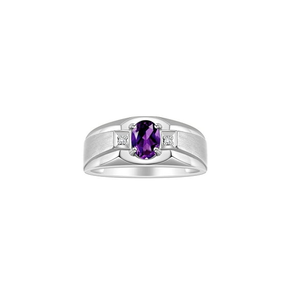 RYLOS Men's Rings 14K White Gold Classic 7X5MM Oval Gemstone & Diamond Ring Amethyst February Birthstone Rings For Men, Gold Rings Size 13
