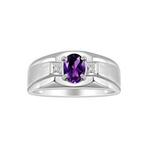 RYLOS Men's Rings 14K White Gold Classic 7X5MM Oval Gemstone & Diamond Ring Amethyst February Birthstone Rings For Men, Gold Rings Size 8