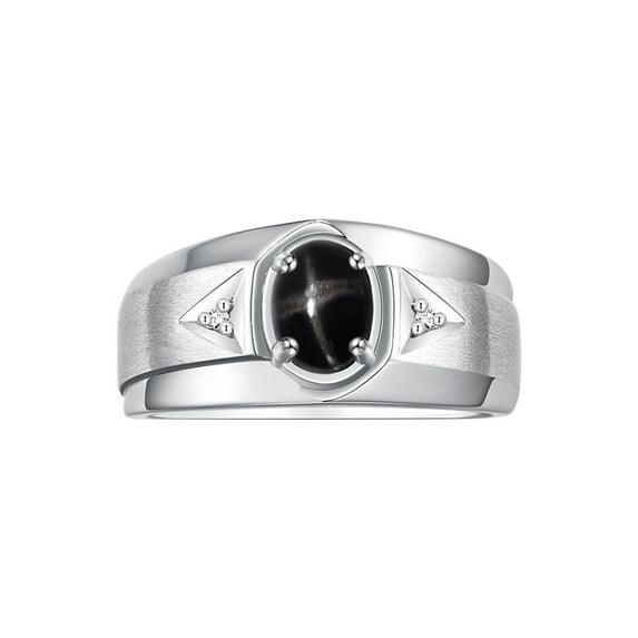 RYLOS Men's Rings 14K White Gold Classic 7X5MM Oval Gemstone & Diamond Ring Black Star Sapphire March Birthstone Rings For Men, Gold Rings Size 9