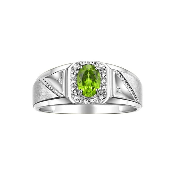RYLOS Men's Rings 14K White Gold Classic 7X5MM Oval Gemstone & Diamond Ring Peridot August Birthstone Rings For Men Size 8