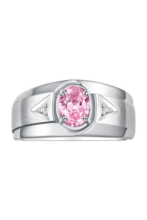 Men's Rings 14K White Gold Classic 7X5MM Oval Gemstone & Diamond Ring Pink Ice October Birthstone Rings For Men, Gold Rings Size 13