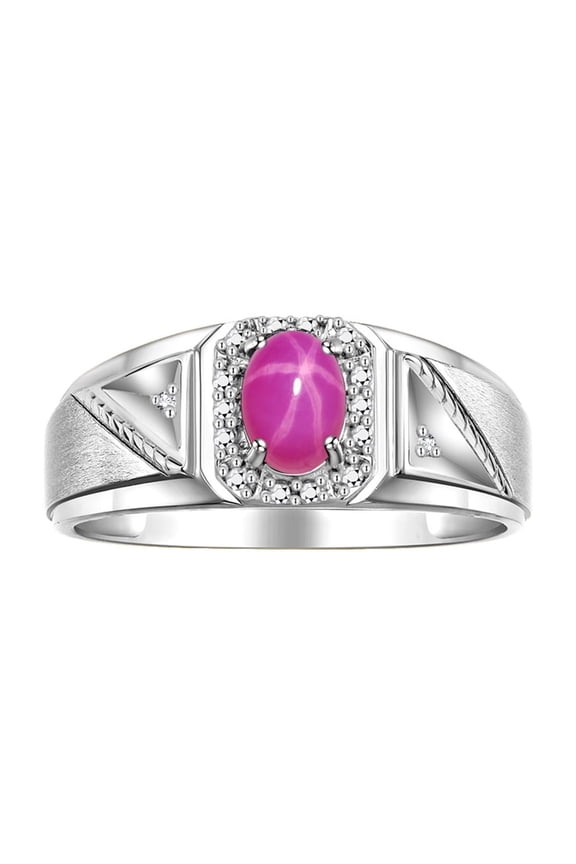 Men's Rings 14K White Gold Classic 7X5MM Oval Gemstone & Diamond Ring Star Ruby July Birthstone Rings For Men Size 11