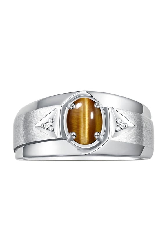 Men's Rings 14K White Gold Classic 7X5MM Oval Gemstone & Diamond Ring Tiger Eye November Birthstone Rings For Men, Gold Rings Size 13