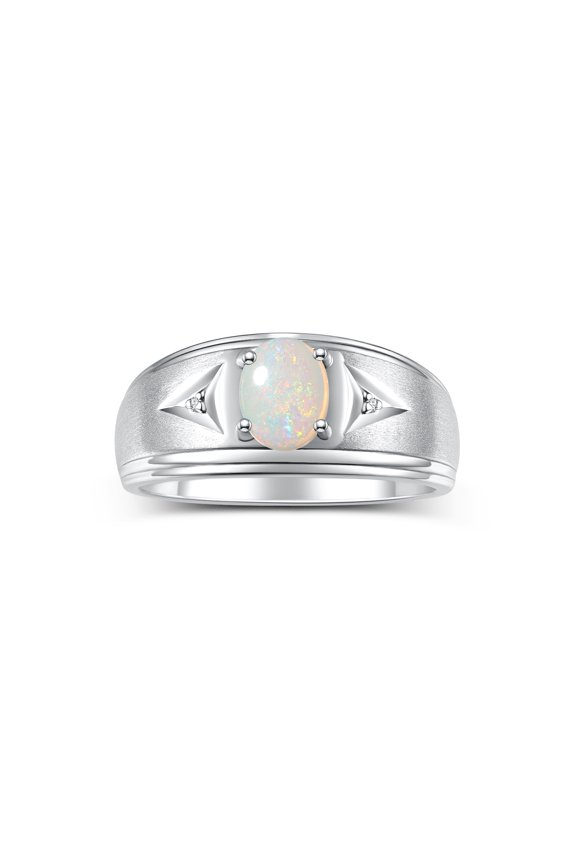 Men's Rings 14K White Gold Classic 8X6MM Oval Gemstone &  Diamond Designer Ring Opal October Birthstone Rings For Man Gold Rings Size 13