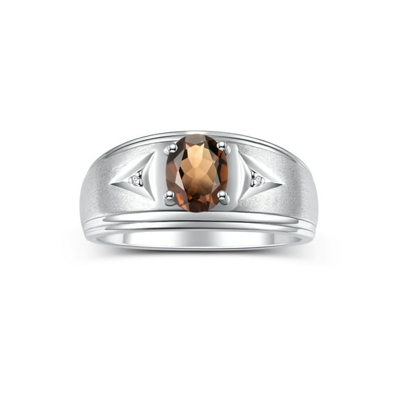 RYLOS Men's Rings 14K White Gold Classic 8X6MM Oval Gemstone & Diamond Ring Smoky Quartz June Birthstone Rings For Man Gold Rings Size 9