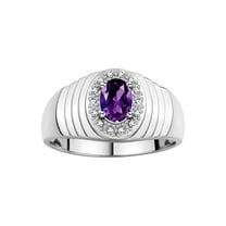RYLOS Men's Rings 14K White Gold Classic Halo Of  Diamonds 7X5MM Oval Gemstone Ring Amethyst February Birthstone Rings For Men Size 8