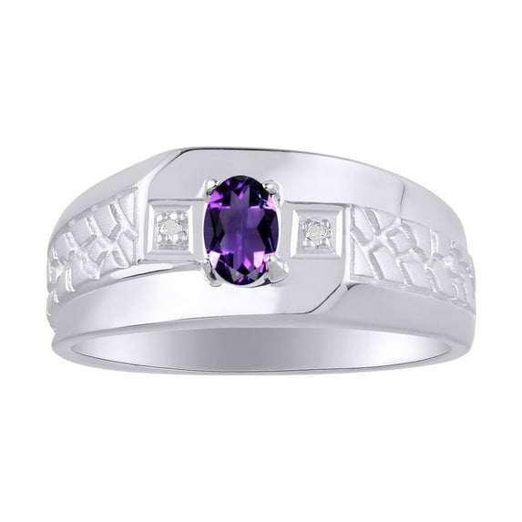 RYLOS Men's Rings 14K White Gold Classic Nugget 6X4MM Oval Gemstone & Diamond Ring Amethyst February Birthstone Rings Size 9