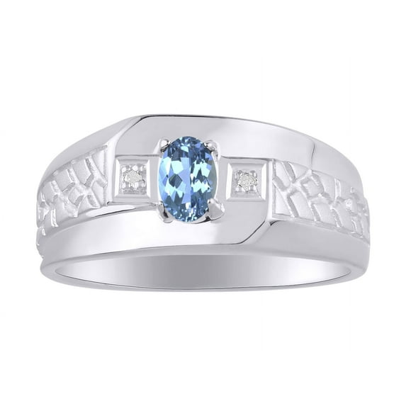 RYLOS Men's Rings 14K White Gold Classic Nugget 6X4MM Oval Gemstone & Diamond Ring Blue Topaz December Birthstone Rings Size 13