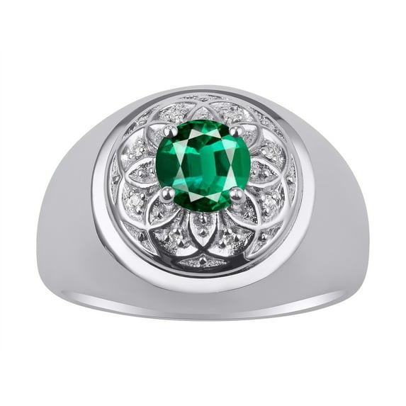 RYLOS Men's Rings 14K White Gold Designer Gypsy 7MM Round Gemstone & Diamond Ring Emerald May Birthstone Rings Size 10