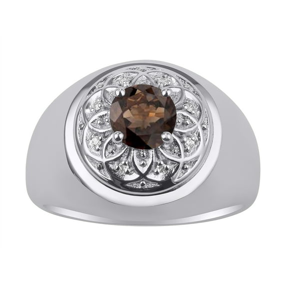 RYLOS Men's Rings 14K White Gold Designer Gypsy 7MM Round Gemstone & Diamond Ring Smoky Quartz June Birthstone Rings Size 9