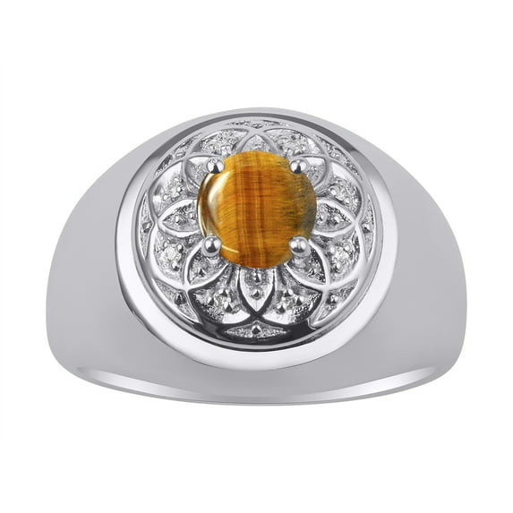 RYLOS Men's Rings 14K White Gold Designer Gypsy 7MM Round Gemstone & Diamond Ring Tiger Eye November Birthstone Size 10