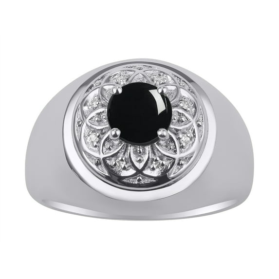 RYLOS Men's Rings 14K White Gold Designer Gypsy 7MM Round Gemstone & Sparkling Diamond Ring Cabochon Onyx October Size 12