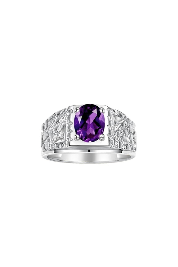 Men's Rings 14K White Gold Designer Nugget Ring Oval 9X7MM Gemstone & Diamonds Amethyst February Birthstone Rings For Man Size 10