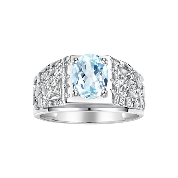RYLOS Men's Rings 14K White Gold Designer Nugget Ring Oval 9X7MM Gemstone & Diamonds Aquamarine March Birthstone Rings For Man Size 10