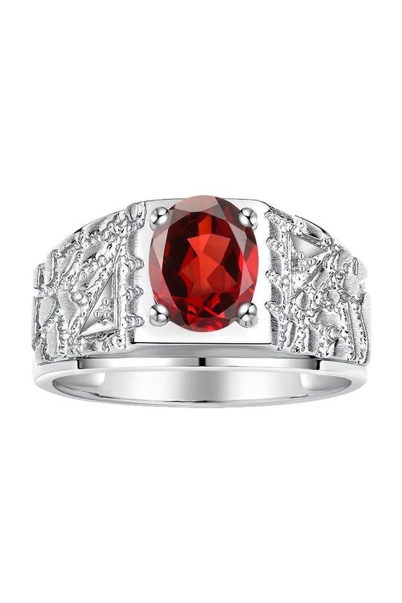 Men's Rings 14K White Gold Designer Nugget Ring Oval 9X7MM Gemstone & Diamonds Garnet January Birthstone Rings For Man Size 9