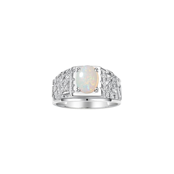 RYLOS Men's Rings 14K White Gold Designer Nugget Ring Oval 9X7MM Gemstone & Diamonds Opal October Birthstone Rings For Man Size 10