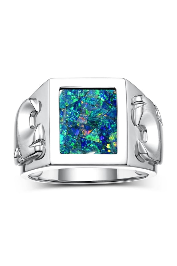 Men's Rings 14K White Gold Designer Ring Tiger Head On Both Sides Diamond in the Eyes and Mosaic Opal Rings For Men Size 10