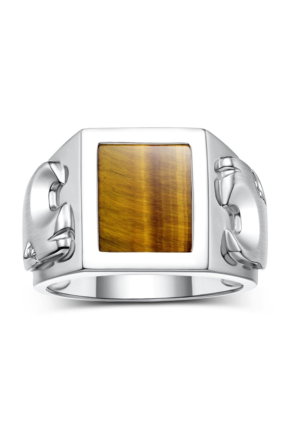 Men's Rings 14K White Gold Designer Ring Tiger Head On Both Sides Diamond in the Eyes and Tiger Eye Rings For Men Size 12