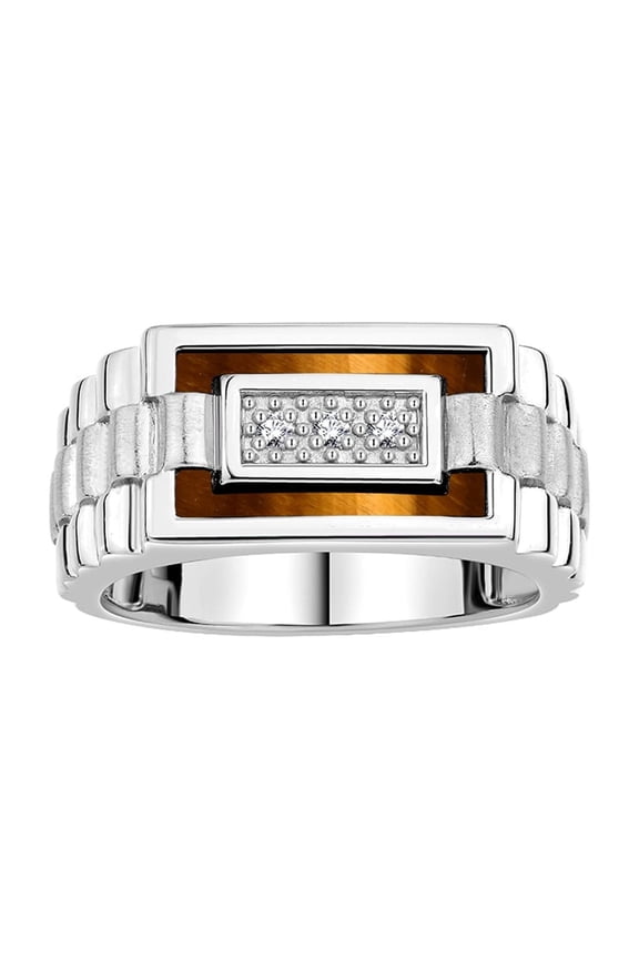 Men's Rings 14K White Gold Designer Ring With Diamonds and Tiger Eye Rings For Men Size 11