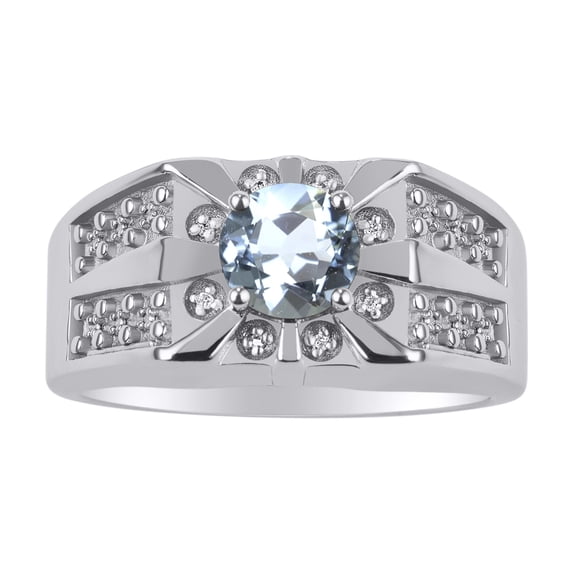 RYLOS Men's Rings 14K White Gold Designer Starburst 7MM Round Gemstone & Diamond Ring Aquamarine March Birthstone Rings Size 13