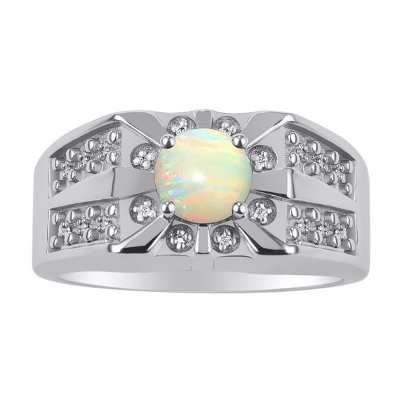 RYLOS Men's Rings 14K White Gold Designer Starburst 7MM Round Gemstone & Diamond Ring Opal October Birthstone Rings Size 11
