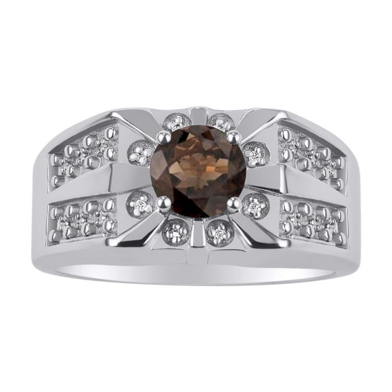 RYLOS Men's Rings 14K White Gold Designer Starburst 7MM Round Gemstone & Diamond Ring Smoky Quartz June Birthstone Rings Size 8