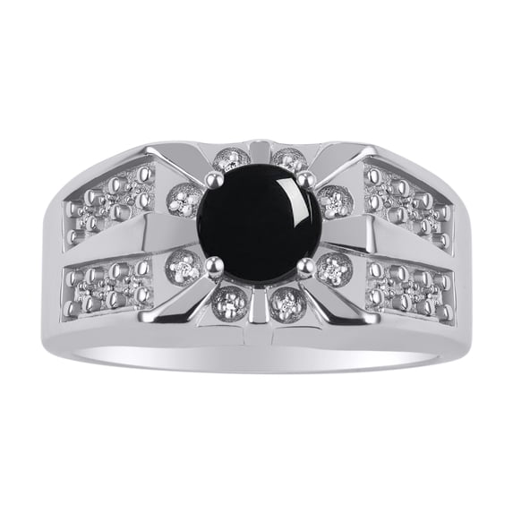 RYLOS Men's Rings 14K White Gold Designer Starburst 7MM Round Gemstone & Sparkling Diamond Ring Cabochon Onyx October Size 12
