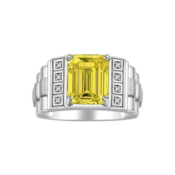 RYLOS Men's Rings 14K White Gold Designer Style 10X8MM Emerald Cut Shape Gemstone & Diamonds Citrine November Birthstone Rings For Men Size 10
