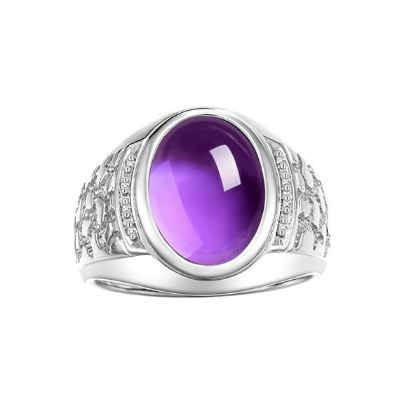 RYLOS Men's Rings 14K White Gold Nugget Ring with Cabochon Gemstone & Diamonds Amethyst Rings For Men Size 8