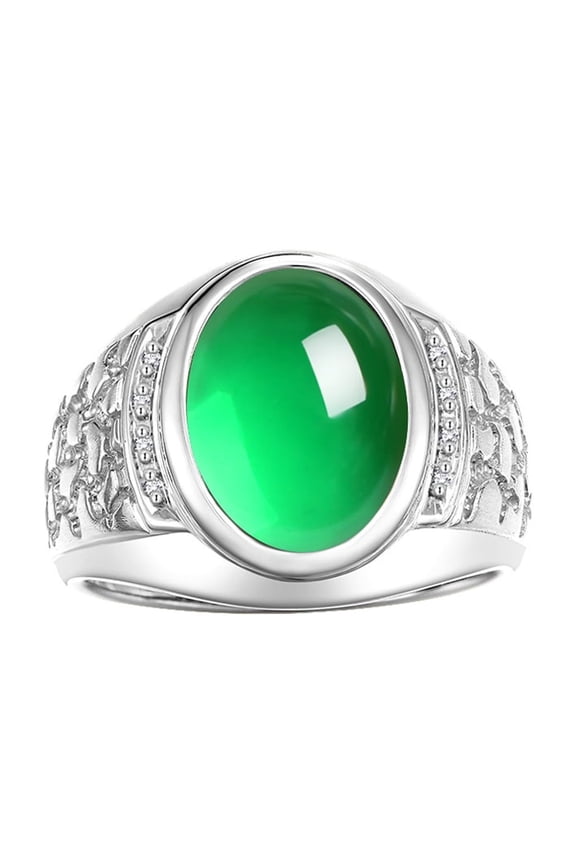 Men's Rings 14K White Gold Nugget Ring with Cabochon Gemstone & Diamonds Emerald Rings For Men Size 8