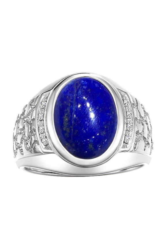 Men's Rings 14K White Gold Nugget Ring with Cabochon Gemstone & Diamonds Lapis Rings For Men Size 11