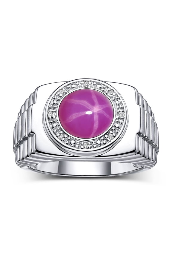 Men's Rings 14K White Gold Ring Cabochon Gemstone & Diamonds Designer Style Star Ruby Rings For Men Size 8